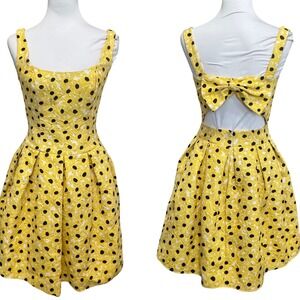 Unique Vintage Dress Yellow Black Polka Dot Bow Back 1950's Fit Flare Retro Sz M